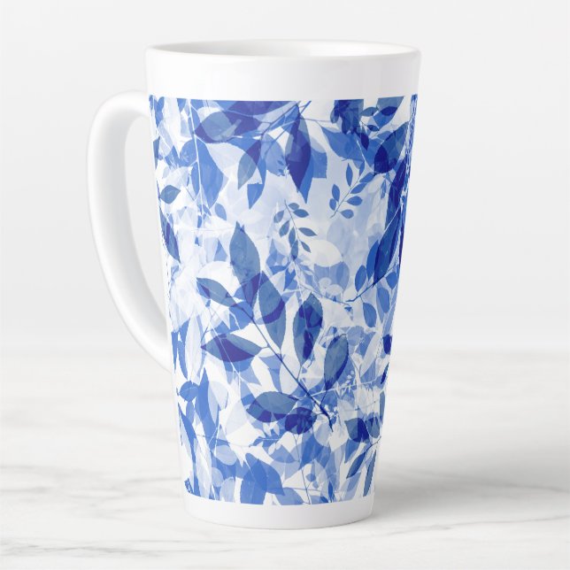 Tasse Latte Abstraits Feuilles bleu et blanc (Angle gauche)