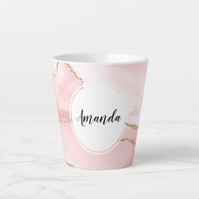 Tasse Latte Agate rose vierge avec ruban or Élégant (Devant)