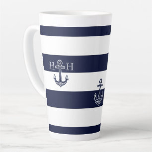 Tasse Latte Ancre Bleue marine côtière Monogramme Café
