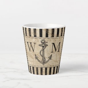 Tasse Latte Ancre nautique Carte du Monogramme noir