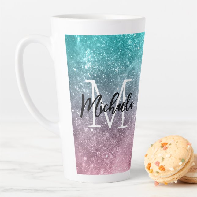 Tasse Latte Aqua blue Pink ombre mer galaxie abstraite Monogra (En situation)