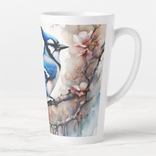 Tasse Latte Aquarelle bleu Jay Cherry Blossoms