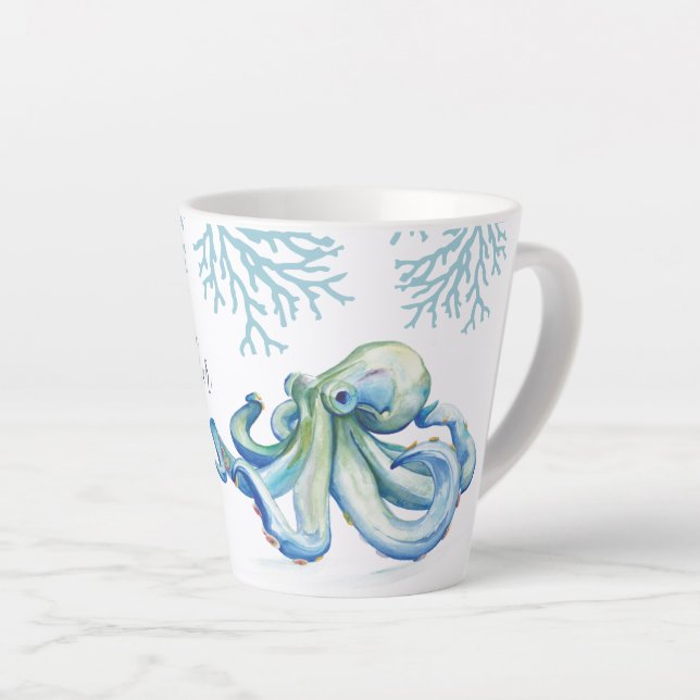 Tasse Latte Aquarelle bleu Witty Octopus Coastal (Angle droit)