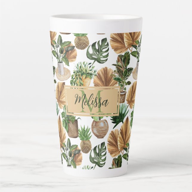 Tasse Latte Aquarelle Boho Intérieur Maison Plantes Nom Monogr (Devant)