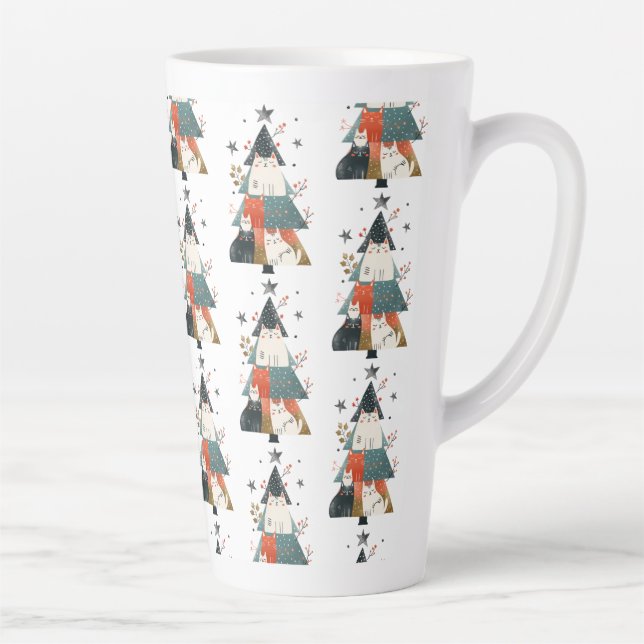 Tasse Latte Aquarelle Chats Arbre de Noël Motif Whimsical (Droite)