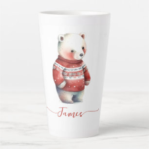 Tasse Latte Aquarelle d'ours blanc mignon Noël personnalisé