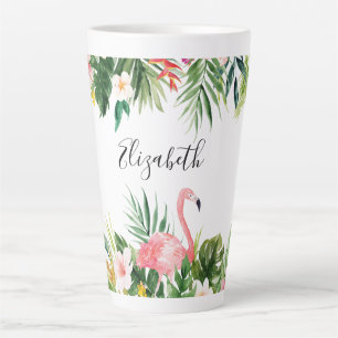 Tasse Latte Aquarelle Flamant rose floral tropical Grand