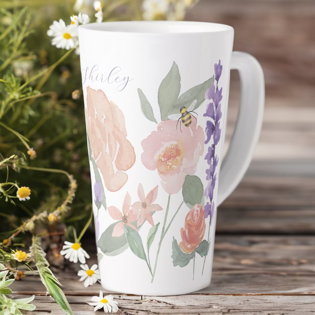 Tasse Latte Aquarelle Fleurs sauvages & Abeille de miel Person (Watercolor Wildflowers & Honey bee Personalized Latte Mug)