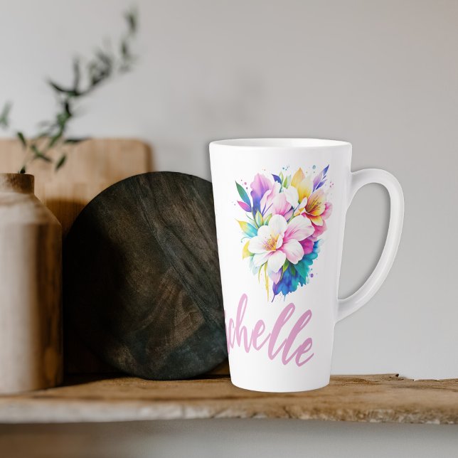 Tasse Latte Aquarelle florale personnalisable (Créateur téléchargé)
