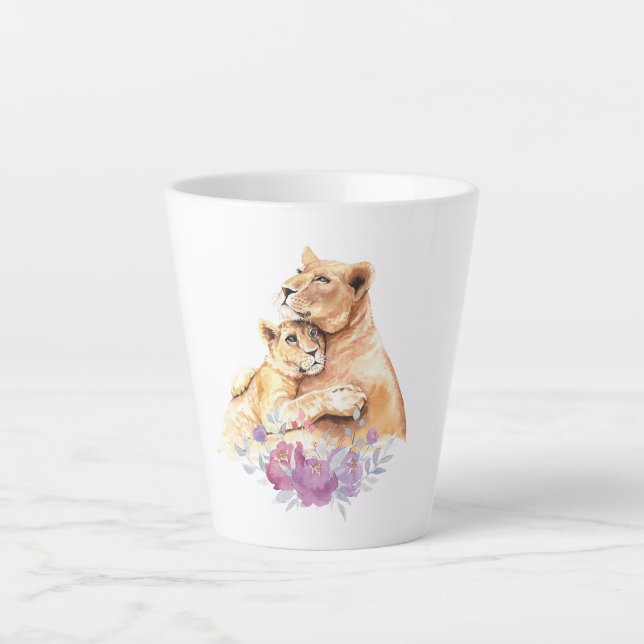 Tasse Latte Aquarelle mignonne Mère Lion & Cub (Devant)