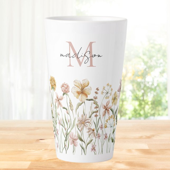 Tasse Latte Aquarelle monogramme Fleur sauvage Floral de prair (In situ)
