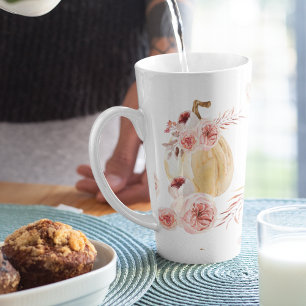 Tasse Latte Aquarelle tendance Citrouille et fleurs   Automne