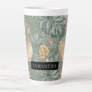 Tasse Latte Aquarelle Tropicale Gold & Green Feuille Motif
