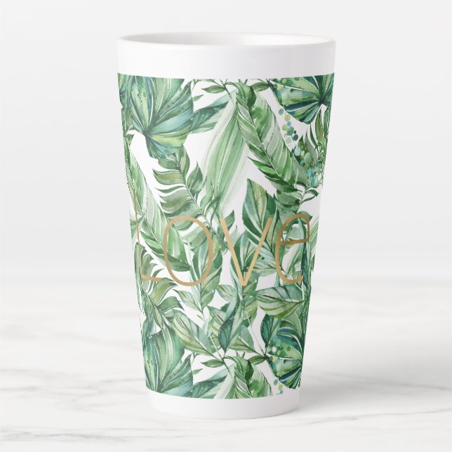 Tasse Latte Aquarelle tropicale Vert Feuille Gold Love (mince) (Devant)