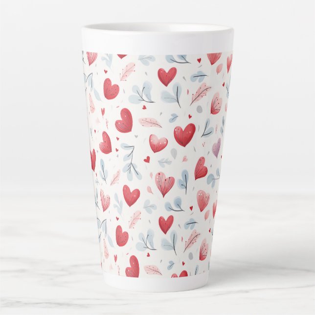 Tasse Latte Aquarelle Whimsical Coeurs et Motif Feuille (Devant)