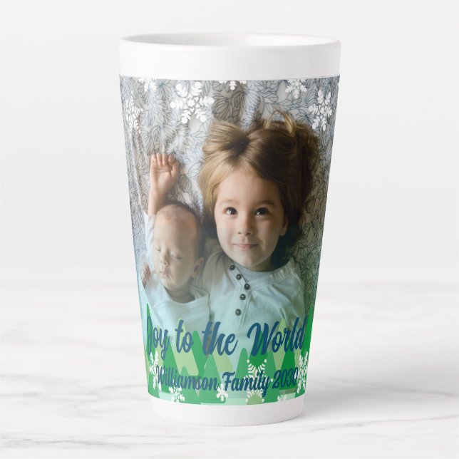 Tasse Latte Arbres de Noël Snowflakes blanc Joie au monde (Devant)