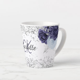 Tasse Latte Argent bleu marine florales élégant nom monogramme