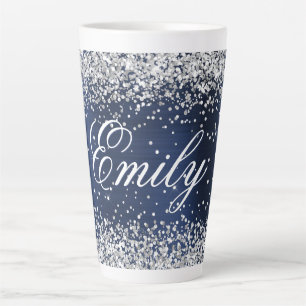 Tasse Latte Argent Personnalisé Paillettes Bleu Nuit Feuille