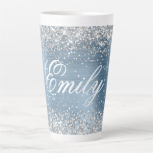 Tasse Latte Argent Personnalisé Paillettes Clair Bleu Feuille