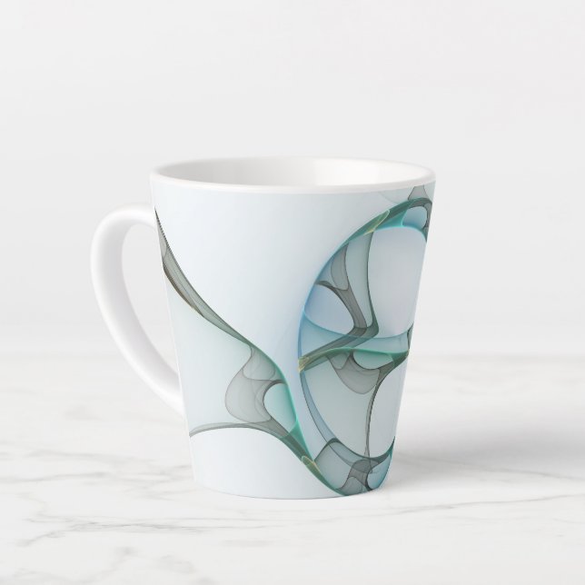 Tasse Latte Art Abstrait moderne Fractal Bleu Turquoise Gris (Angle gauche)