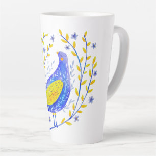 Tasse Latte Art d'oiseau bleu et jaune à l'aquarelle moderne