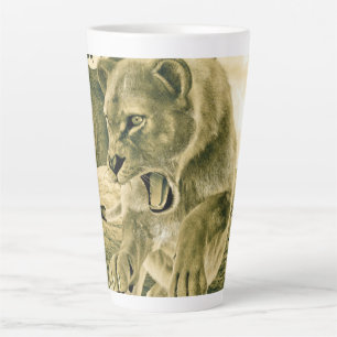 Tasse Latte Art dramatique de la lionne de safari faunique