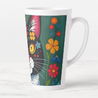 Art populaire noir et blanc Chat et fleurs Whimsic