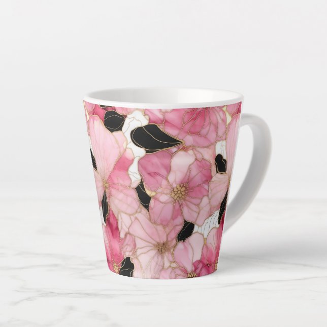 Tasse Latte Artistic Pink Blooms Black Ink Abstract (Angle droit)