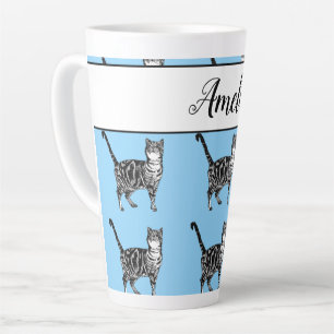 Tasse Latte Baby Blue White Tabby cat Chats Whimsical Art