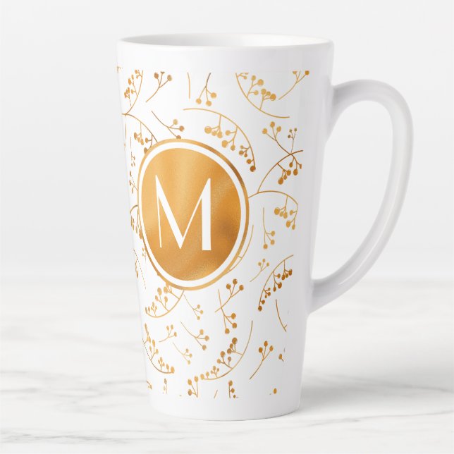 Tasse Latte Baies d'or monogramme élégant motif sur blanc (Droite)