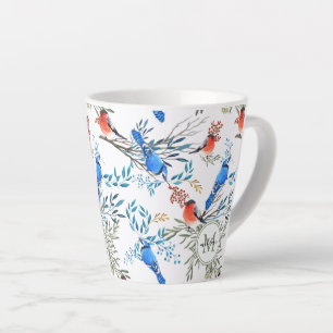 Tasse Latte Beau Aquarelle Oiseaux et Motif de Foliage