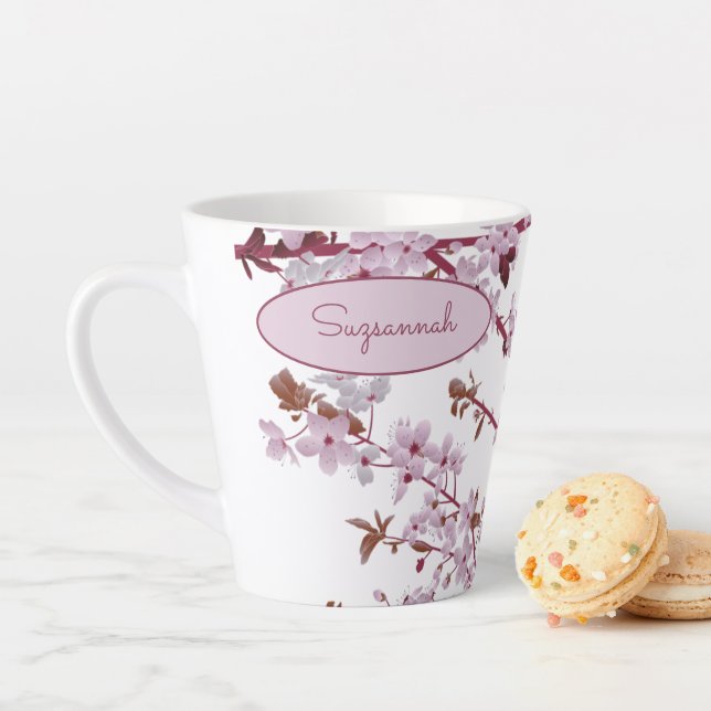 Tasse Latte Belle florale rose cerise fleurs sur mesure (En situation)