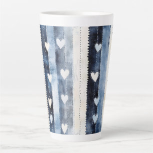 Tasse Latte Bleu Blanc Denim Coeur rayures Anniversaire