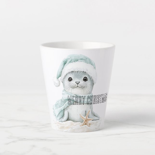 Tasse Latte Bleu Blanc Père Noël Écharpe Sceau Noël (Devant)