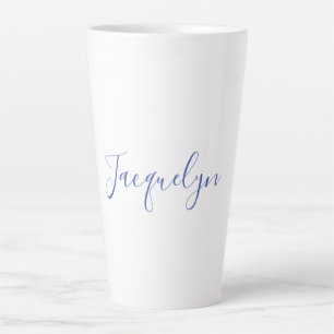 Tasse Latte Bleu Blanc Plaine Élégant Moderne Calligraphie Nom