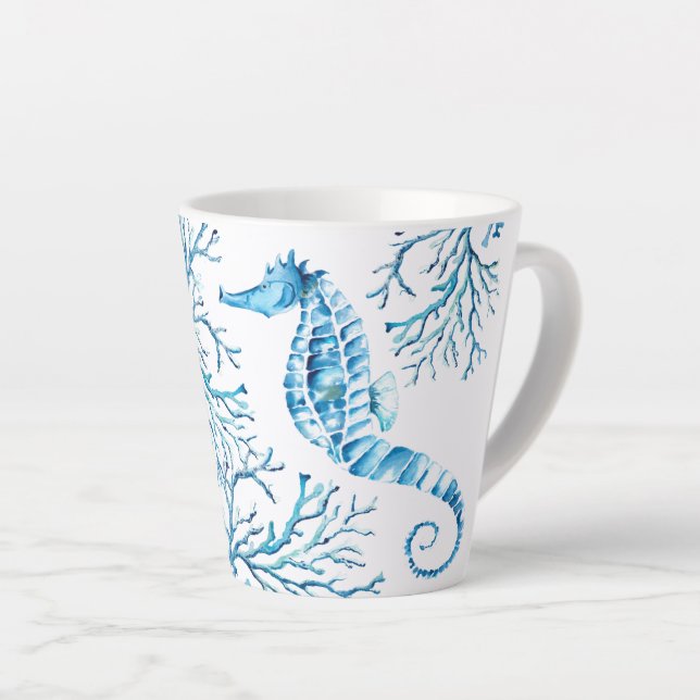 Tasse Latte Bleu côtier Hippocampe et corail Aquarelle (Angle droit)