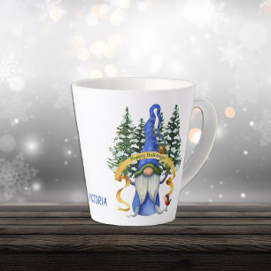 Tasse Latte Bleu Gnome voeux de vacances personnalisées