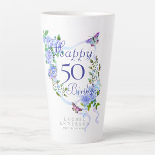 Tasse Latte Bleu Rose Ruban Anniversaire