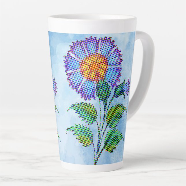 Tasse Latte Blue Flower Halftone on Blue Fine Art (Angle droit)