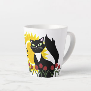 Tasse Latte Bonjour Beau! Chat avec soleil et tulipes