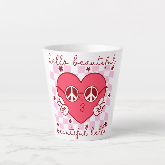 Tasse Latte Bonjour Beau Coeur Rose (Devant)