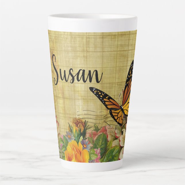 Tasse Latte Botanique rustique personnalisée avec papillon (Devant)