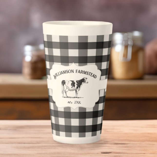 Tasse Latte Boue latte de vache de la ferme de Buffalo noir (Black Buffalo Plaid Farm Cow Latte Mug)
