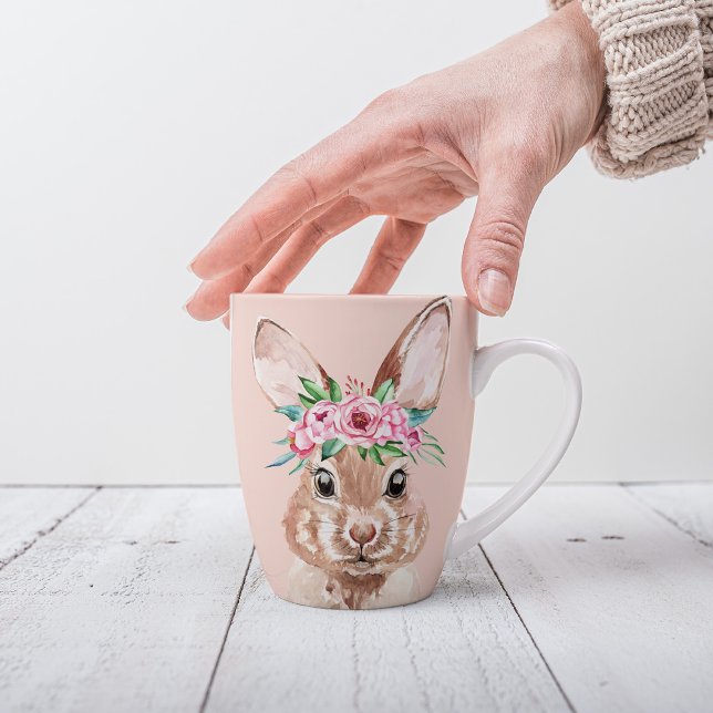 Tasse Latte Bunny D'Aquarelle Rose Pastel Moderne Avec Fleurs (Créateur téléchargé)