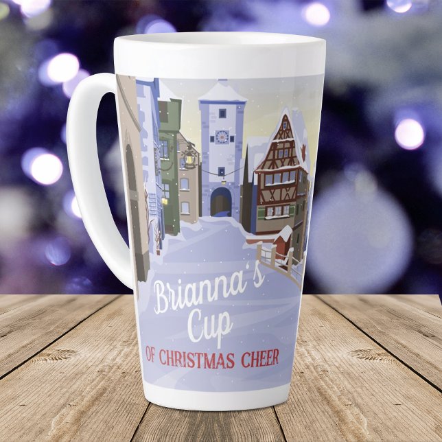 Tasse Latte Café de Noël bleu clair de ville bavaroise alleman (personalized christmas coffee hot chocolate latte mug cup, Bavaria Bavarian German town Rothenburg)