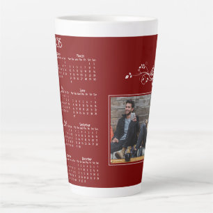 Tasse Latte Calendrier photo de l'année rouge 2025 avec feuill