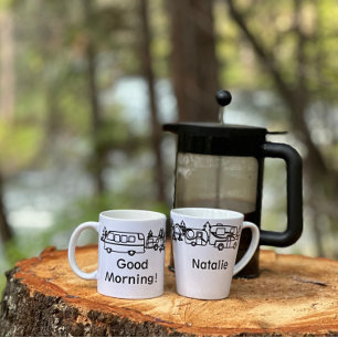 Tasse Latte Campeurs heureux en noir et blanc Personnalisé Lat