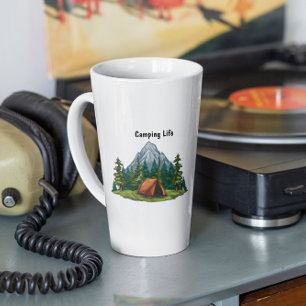Tasse Latte Camping Life, avec une tente dans le sac à dos en
