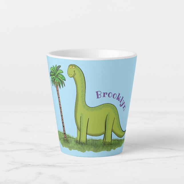 Tasse Latte Caricature de dinosaure de brontosaurus vert migno (Devant)