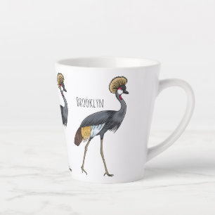 Tasse Latte Caricature d'oiseau de grue couronné gris